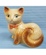 Blue Eyed Kitten Cat Kitty Sitting Ceramic Figurine Statue Tan Pink Bow Tie - £21.07 GBP
