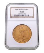 1908 $20 Saint Gaudens Gold Double Eagle No Motto Graded by NGC MS-63 - $2,871.00