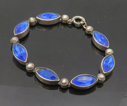 925 Sterling Silver - Vintage Marquise Cut Blue Stone Chain Bracelet - BT8478 - £68.79 GBP