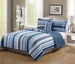 Fancy Linen Bedspread Set Coverlet with Cushion Reversible Elegant Strip... - $49.99