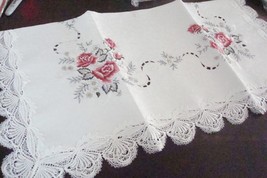 Jin Liu tablecloth embroidered burgundy  roses traditional lace, 33 x 33... - $37.37