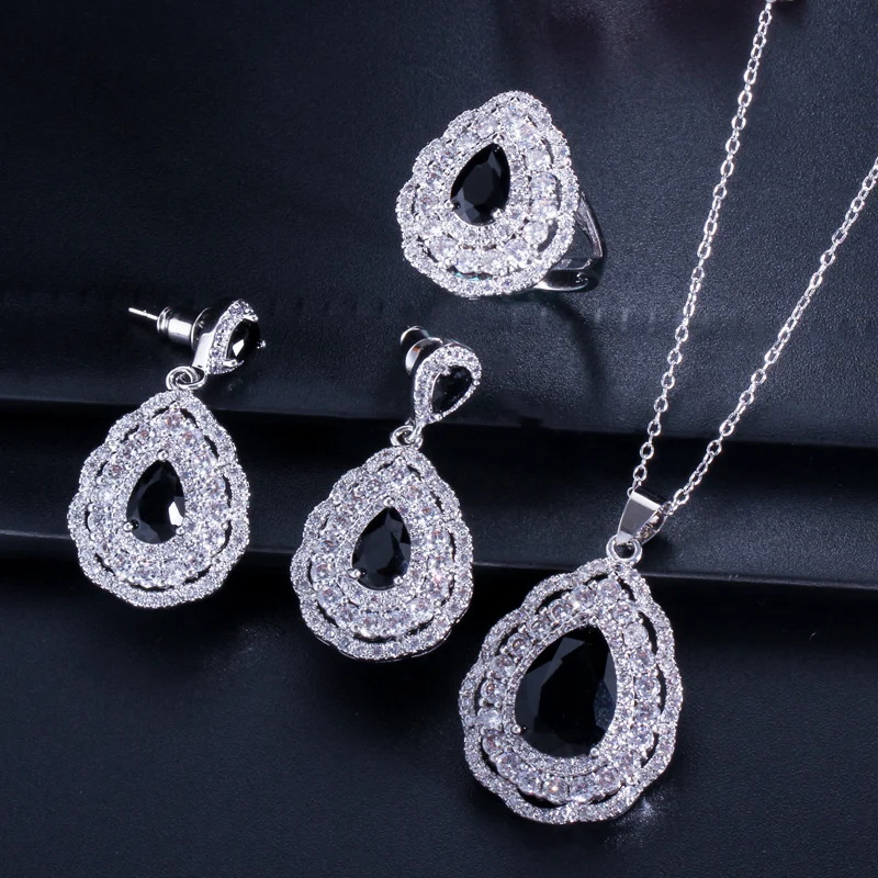 Shiny Royal Blue Cubic Zirconia Big Pendant Necklace Earrings and Ring Wedding P - £24.19 GBP
