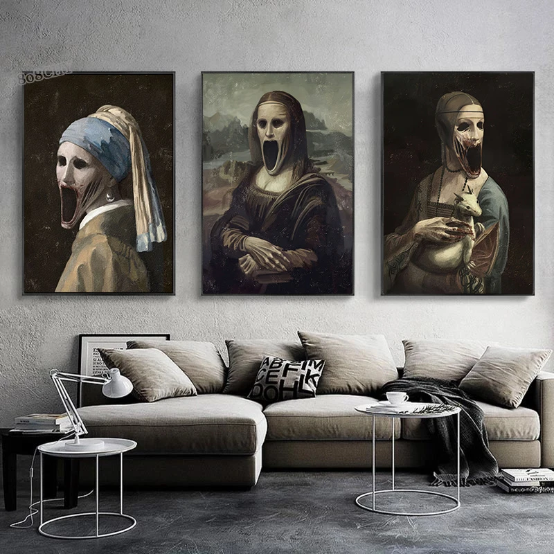 Creepy Famous Painting Character Mona Lisa Canvas Painting Print Poster Scary - £7.74 GBP+