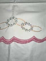 Vtg Set of 2 Embroidered Needlepoint Crocheted Pillowcase Pink Floral Rings - £9.62 GBP