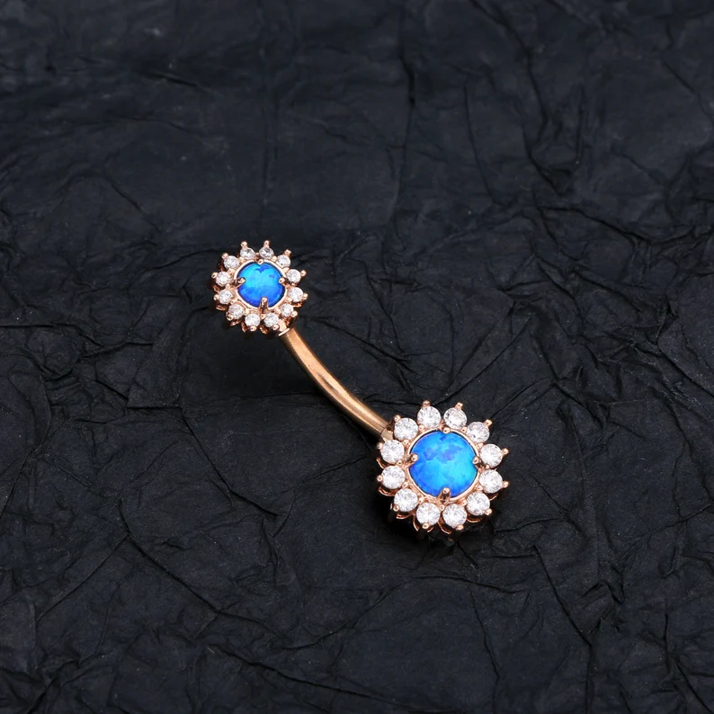 Blue Opal Fancy Belly Button Ring, Surgical Steel, 14 Gauge, Rose Gold - $14.99