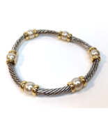 Silver Plated &amp; Gold Plated Stretch Bracelet with Faux Pearl Accents Tes... - £18.09 GBP