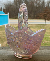 Fenton Art Glass Pink Opalescent Basket Flower Trinket Ruffled Candy Dish Art - £79.71 GBP