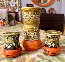 Vintage 60s Mid Century Inarco Green Orange Sand Dollar Vase Candlesticks Set - £26.46 GBP