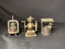 3 Vintage Brass Diecast Miniatures Pencil Sharpeners Astronaut Well Grinder - $33.85