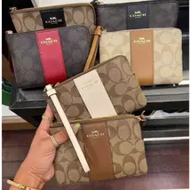 COACH Corner Zip Wristlet Canvas Signature Women's Wallet (Black)  - $71.00