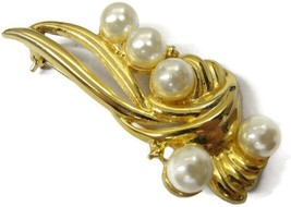 Vintage Brooch Costume Jewelry Gold Tone Imitation Pearls Floral - $19.79