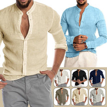 Men&#39;s Linen Style Solid Shirts Casual Long Sleeve Fit Formal Dress Top Tee Shirt - £13.97 GBP