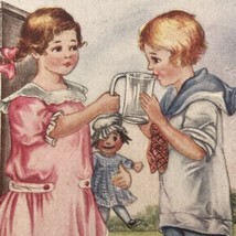 Boy And Girl Vintage Postcard Drinking Water With Doll Antique Pink Dress - £9.67 GBP