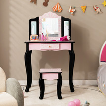 Kids Vanity Set Wooden Makeup Table Stool Set w/ Tri-folding Mirror Print Pink - £121.47 GBP