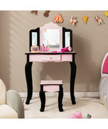 Kids Vanity Set Wooden Makeup Table Stool Set w/ Tri-folding Mirror Prin... - £120.30 GBP
