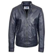 DR185 Men&#39;s Real Leather Biker Jacket Navy - £128.79 GBP