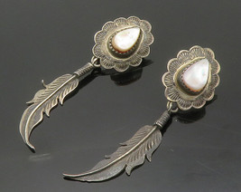 NAVAJO 925 Silver - Vintage Pink Mother Of Pearl Feather Drop Earrings - EG7915 - £68.32 GBP