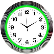 Chrome Green Standard Neon Clock 15&quot;x15&quot; - £60.73 GBP
