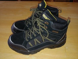BRAHMA MEN&#39;S BLACK SUEDE LEATHER SHOE-7.5-WORN ONCE-STEEL TOE-YELLOW ACCENT - $31.79