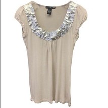 Willi Smith Top Shirt Vintage Taupe Stretch Size S Minimalist Embellished Neck - £14.64 GBP