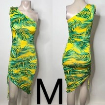 Green &amp; Yellow Summer Leaf Print One Shoulder Bodycon Ruched Mini Dress~... - £21.67 GBP