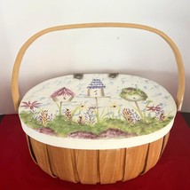 Sewing Basket w Hand Painted Lid Leather Hinges 10&quot; Tall w Handle - $18.80