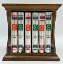 Vintage Wooden 6 Coaster Set With Bookshelf Holder Retro Encyclopedia Style - £14.38 GBP