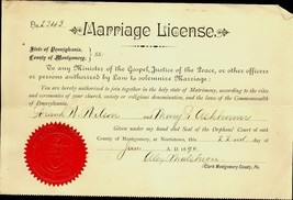 1890 Antique Marriage License~Frank WILSON-MARY Ashburner Norristown Pa - $42.08