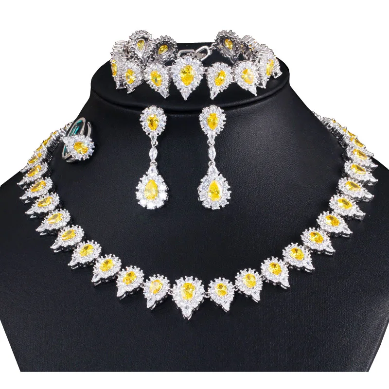 Luxury AAA Cubic Zircon Crystal Statement Necklace Bracelet Earrings Ring Set Br - $91.34