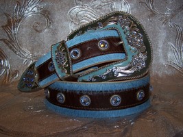 Western Blue and Brown Leatherock Belt Made with Swarovski Lt Sapphire Crystals - £196.65 GBP