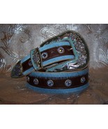 Western Blue and Brown Leatherock Belt Made with Swarovski Lt Sapphire C... - £197.14 GBP