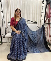 Sari Designer Bollywood Indian Ajrakh Block Print  Saree With Blouse Fabric - $84.14