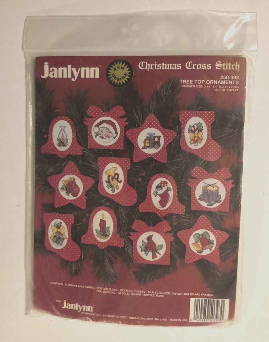 $20 Janlynn Christmas Cross Stitch 50-393 Tree Top Ornaments Vintage Red 90s New - $10.88