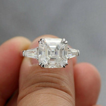 3.50CTW Asscher D/VVS1 Moissanite Three Stone Wedding 14k White Gold Plated Ring - £144.32 GBP