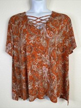 NWT Cato Womens Plus Size 22/24W (2X) Orange Paisley V-neck Top Short Sleeve - £20.89 GBP