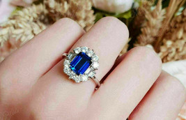 3Ct Emerald Cut Blue Sapphire Halo Engagement Wedding Ring 14K White Gold Finish - £78.56 GBP