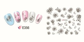 Nail Art 3D Decal Stickers Sketch Black &amp; White Flowers &amp; Butterflies E356 - £2.62 GBP