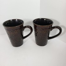 Kahlua Coffee Cup Mug Set of 2 Brown Embossed Raised Lettering Coffee Bean - $14.97