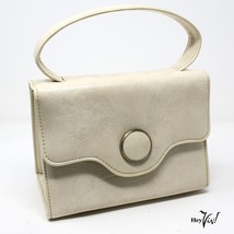 Vintage Ivory White Patent Leather 8&quot; Box Purse Handbag w Button Trim - ... - £28.67 GBP