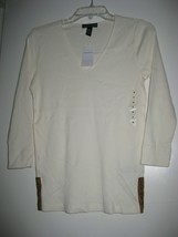 Ralph Lauren Women&#39;s Long Sleeve Cream Top Shirt w/ Brown Leather Accent NWT - £15.17 GBP+