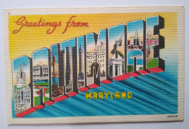 Greetings From Baltimore Maryland Large Big Letter Postcard Linen Metropolitan - £11.16 GBP