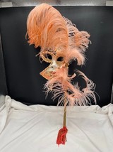Peach and Gold Masquerade Mask with Handle Decorative Feathers Mardi Gra... - $29.03