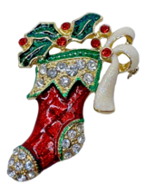 Tanya Creations Christmas Brooch Pin Stocking Holly Enamel Rhinestones 2... - £23.46 GBP