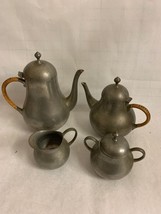 Vintage Royal Holland Pewter Coffee Tea Set, Woven Rattan Handle 1960’s Vintage  - £71.21 GBP