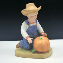 DENIM DAYS HOMCO FIGURINE 1985 porcelain pumpkin coveralls cowboy hat sc... - $14.85