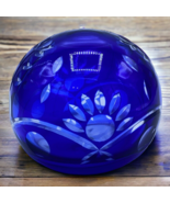 Vtg Bohemian Czech Cobalt Blue Cut Art Glass Round Paperweight 4.25” - $29.95