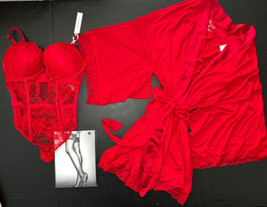 Victoria&#39;s Secret L BOMBSHELL TEDDY+ROBE RED modal Lace DREAM ANGELS - $188.09