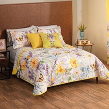 FLOWERS YELLOW REVERSIBLE BEDSPREAD SET  AND SHEET SET 9 PCS QUEEN SIZE - £145.94 GBP