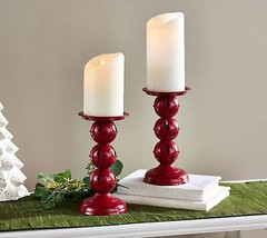Set of 2 9&quot; Jingle Bell Pedestal Candleholders by Valerie in Red - £154.70 GBP