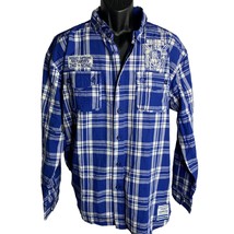 Parish Button Up Embroidered Shirt 2XL Blue Roll Tab Long Sleeve Pockets - $37.09